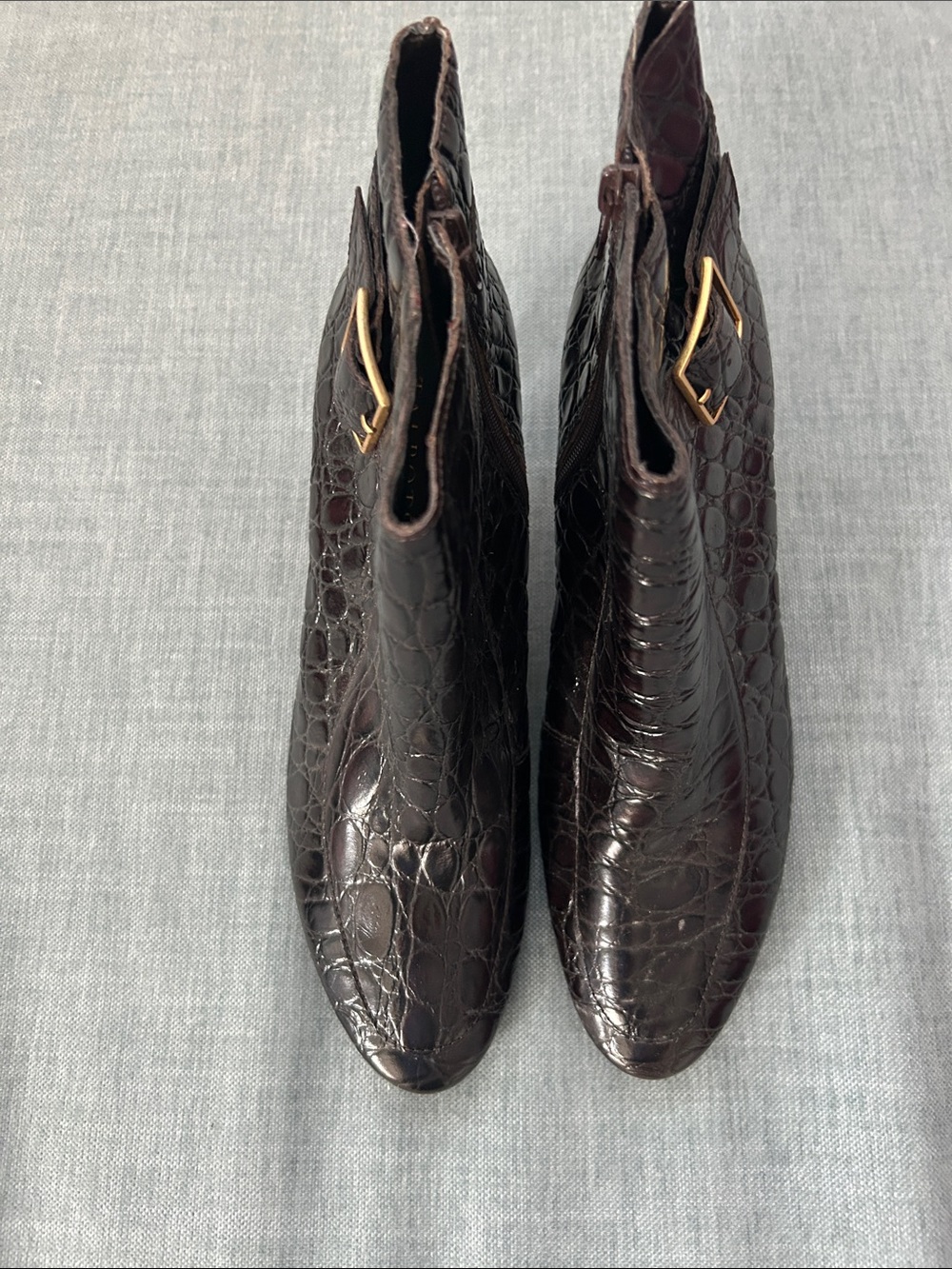 Talbots Dark Brown Croc-Embossed Ankle Booties with Gold Accent